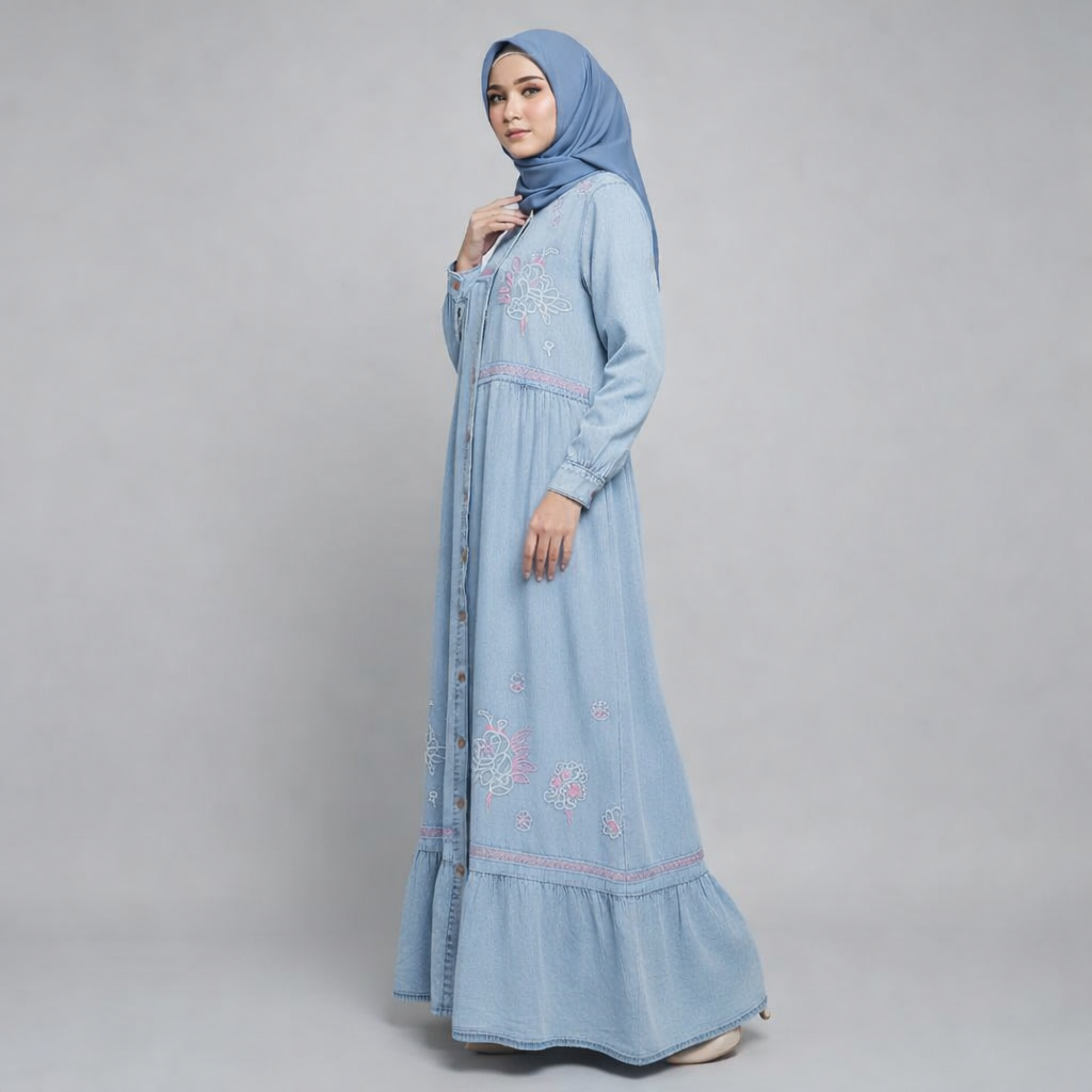 Azmin Elara – Stylish Embroidered Denim Gown