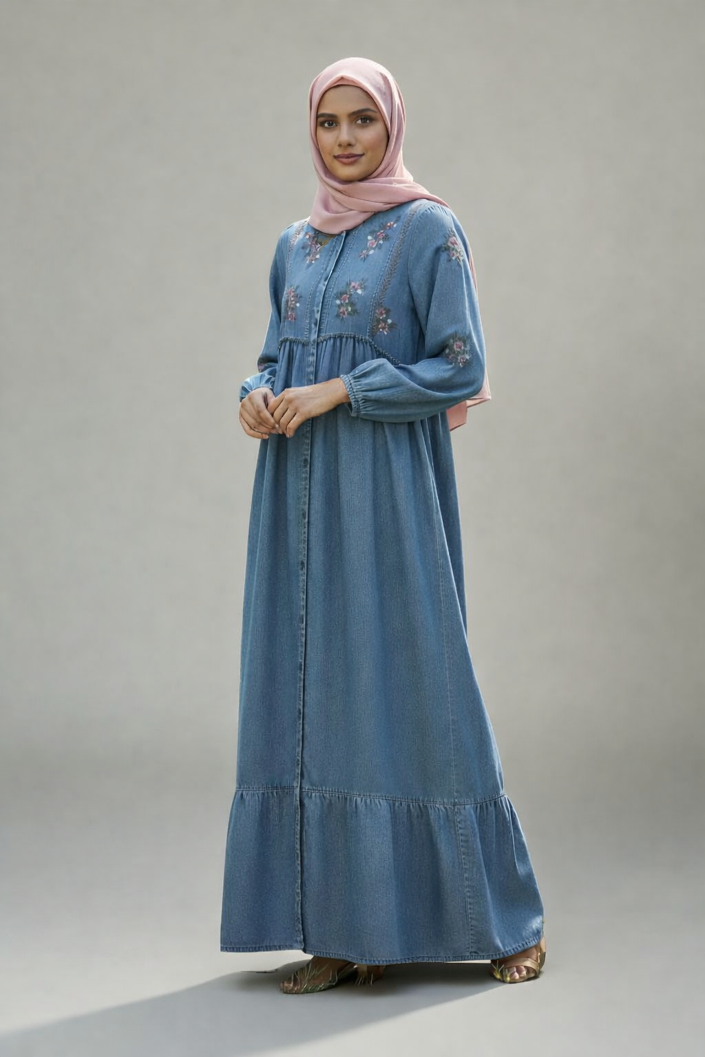 Azmin Elan Denim Embroidered Designer Gown