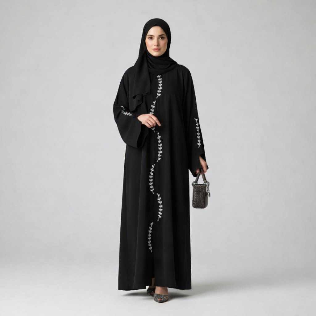 Safiya Blanc — Designer Black Abaya with White Embroidery
