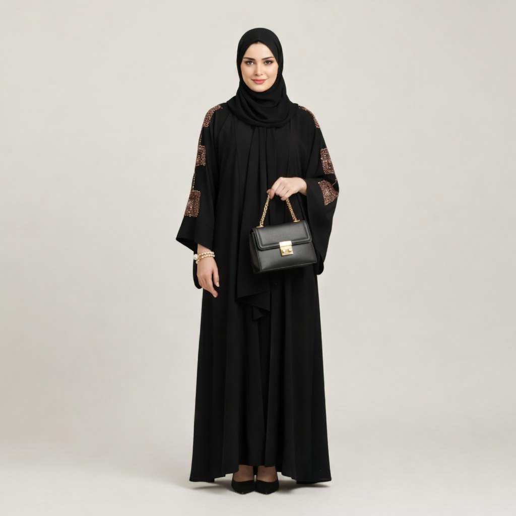 Zehra Noir Sleeve-Detailed Party Wear Abaya