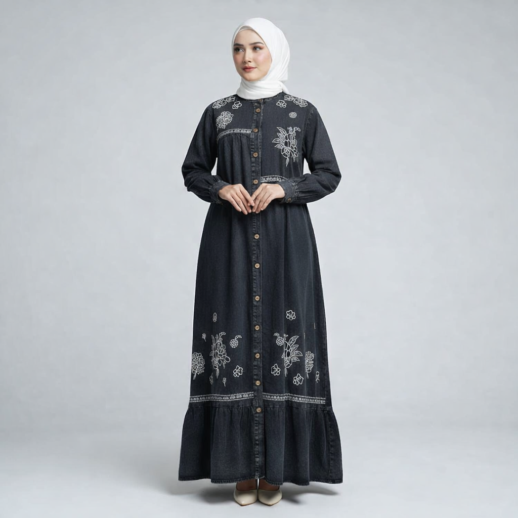 Azmin Elara – Stylish Embroidered Denim Gown
