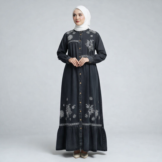 Azmin Elara – Stylish Embroidered Denim Gown