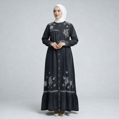 Azmin Elara – Stylish Embroidered Denim Gown