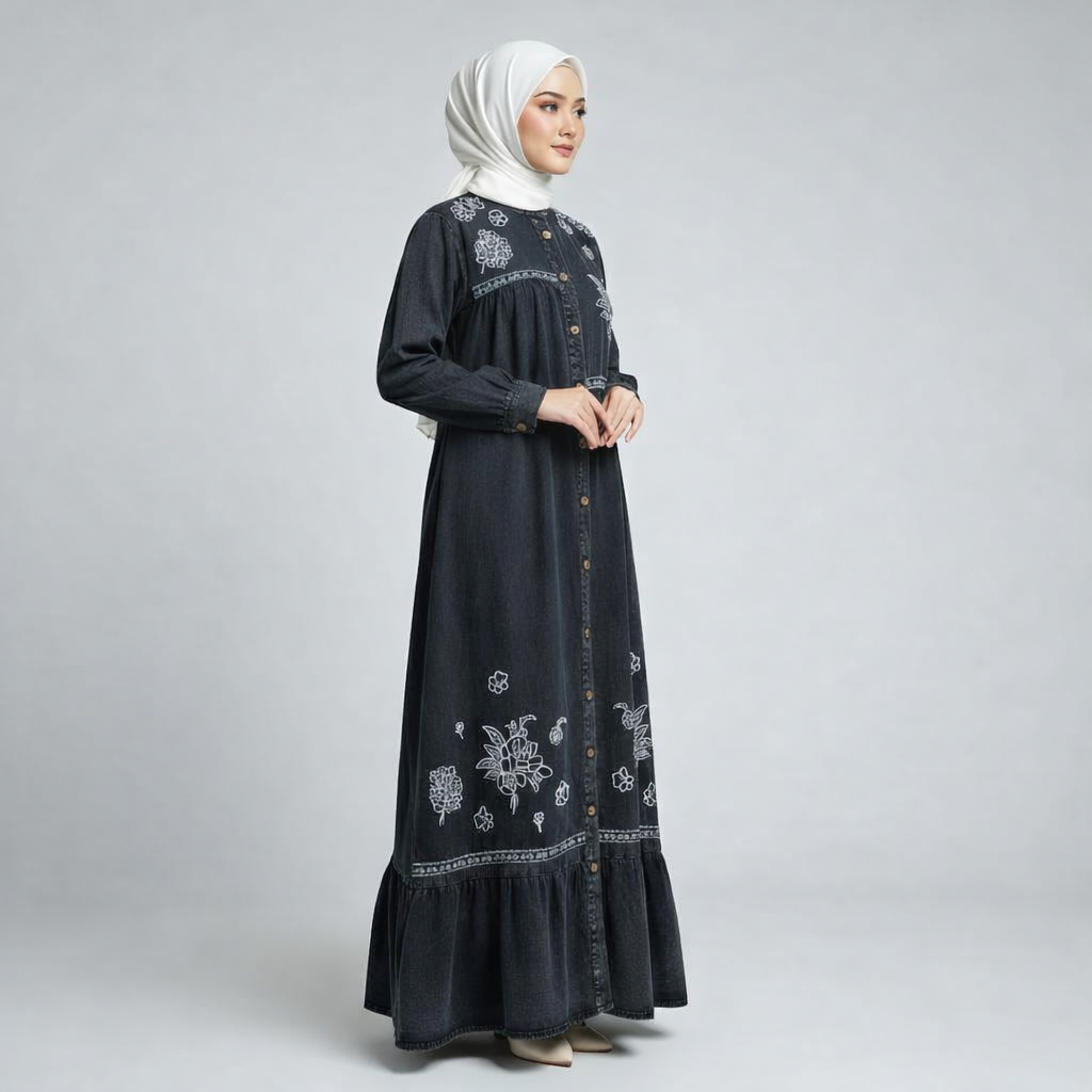 Azmin Elara – Stylish Embroidered Denim Gown