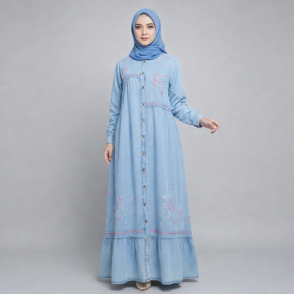 Azmin Elara – Stylish Embroidered Denim Gown