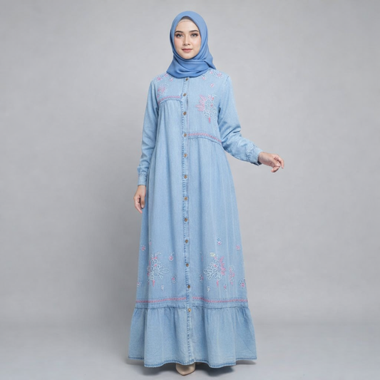 Azmin Elara – Stylish Embroidered Denim Gown
