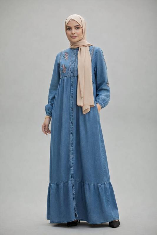 Azmin Elan Denim Embroidered Designer Gown