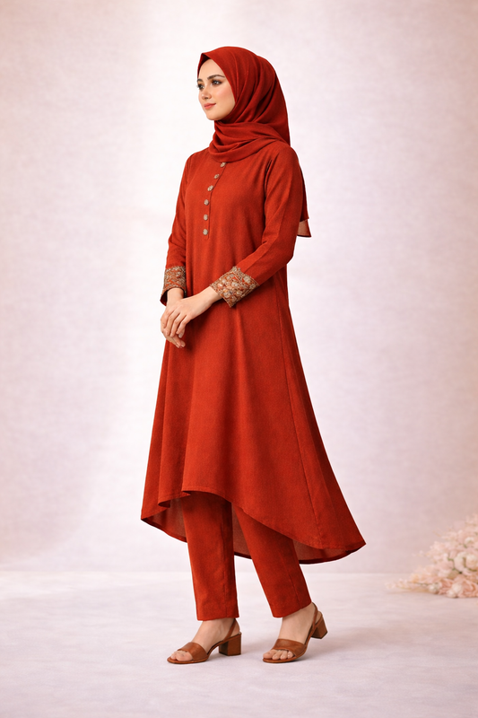 Woman wearing a red outfit with a hijab on a white background
